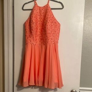 Elegant Coral Lace Halter Dress